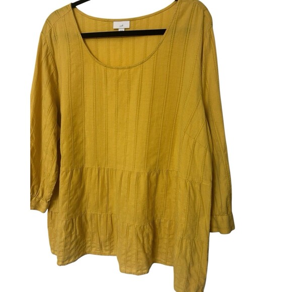 J Jill Plus 2X Mustard Tiered Textured Fabric 3/4 Sleeves 100% Cotton Tunic Top - Picture 2 of 8